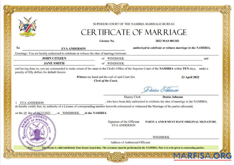 Blank Namibia marriage certificate Word and PDF template